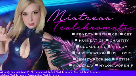 Snapshot of tealchromatic chatting on 01.14.25 Mistress Teal Chromatic online show from 01.14.25